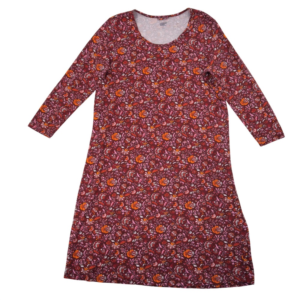 Lands End Floral Midi Sheath Midi Dress XL/18 Burgundy Casual Long Sleeve Cotton